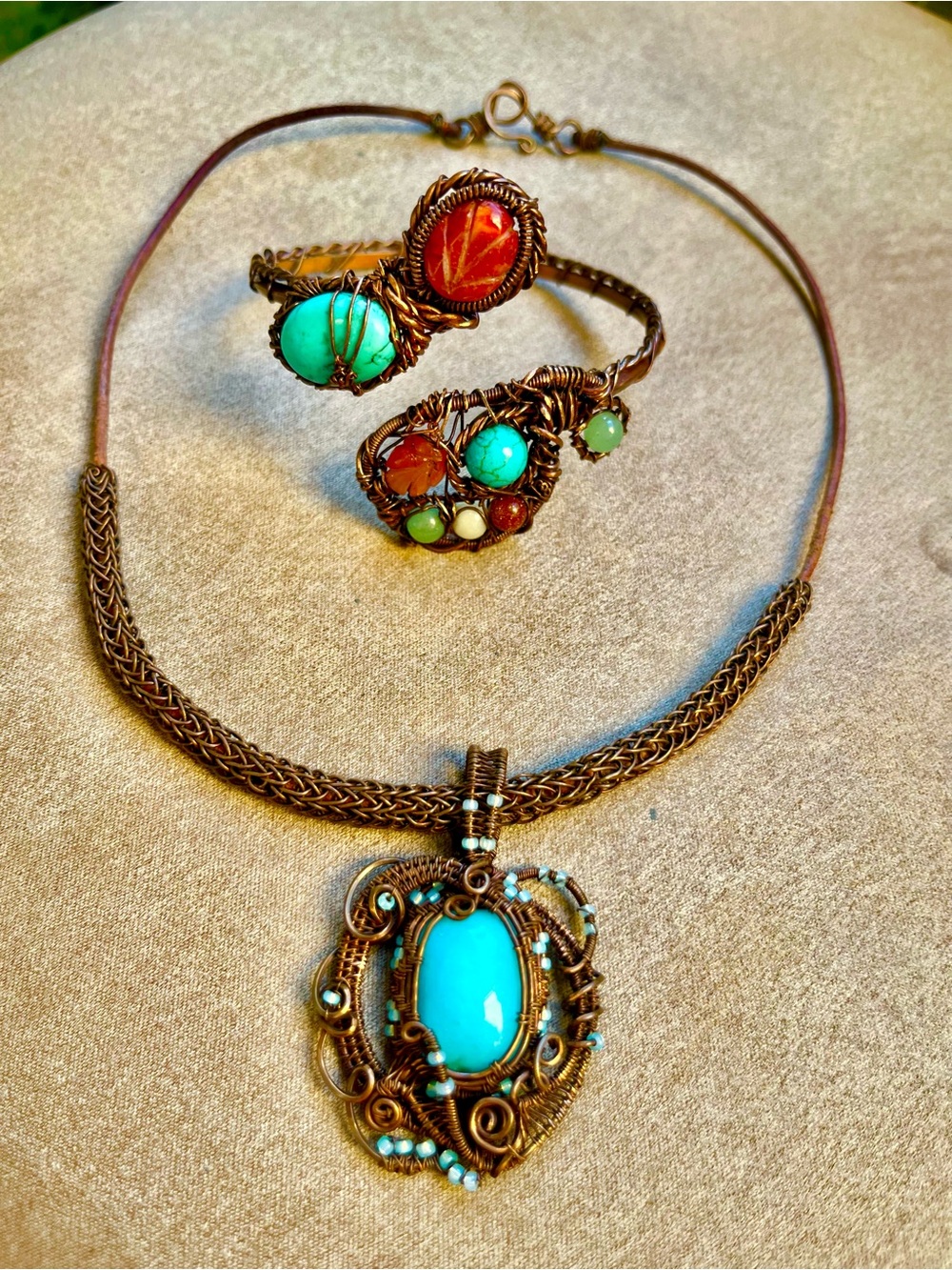 Handcrafted Turquoise Wire-Wrapped Pendant Necklace  & Cuff Bracelet Jewelry Set